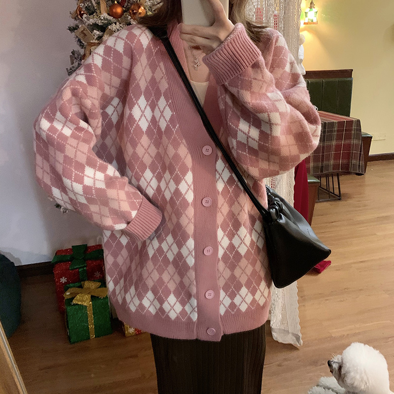 Real shot real price diamond check color contrast pink coat new school style V-neck knitted cardigan