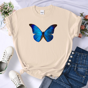 Butterfly Shirt Blue Womens夏季 创意蓝色蝴蝶印花女白色T恤衫