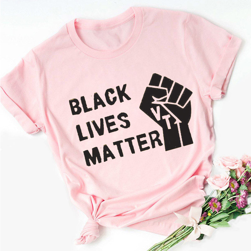 BLACK LIVES MATTER字母印花粉红色T恤女士短袖T恤休闲宽松ins潮