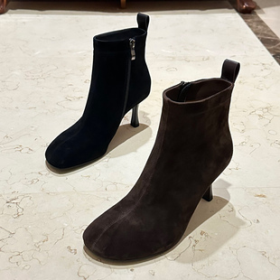 欧美2025秋冬新款女鞋磨砂真皮圆头细跟豹纹百搭时尚加绒裸靴短靴