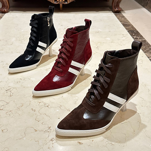 欧洲站2025秋新款女单鞋真皮尖头细跟时尚休闲运动高跟鞋欧美短靴