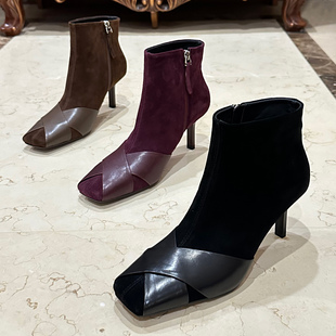 欧洲站2024秋冬新款女鞋方头真皮细跟时装高跟鞋欧货百搭短靴子潮