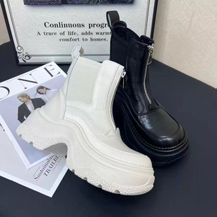2025秋冬新款女鞋圆头增高厚底松糕底加绒英伦马丁靴真皮短靴子潮