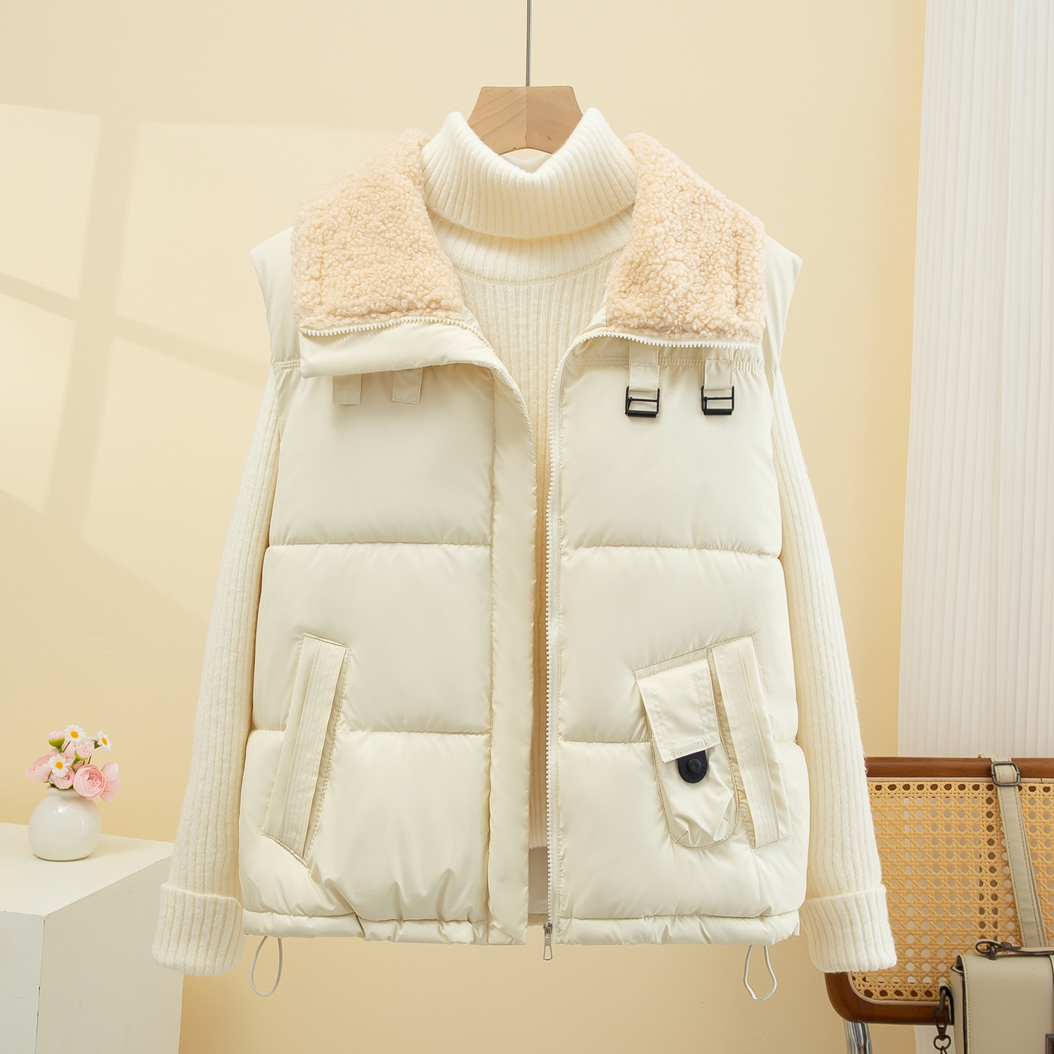 2025秋冬季新款女士休闲加厚设计感拼接羊羔毛翻领羽绒棉马甲背心