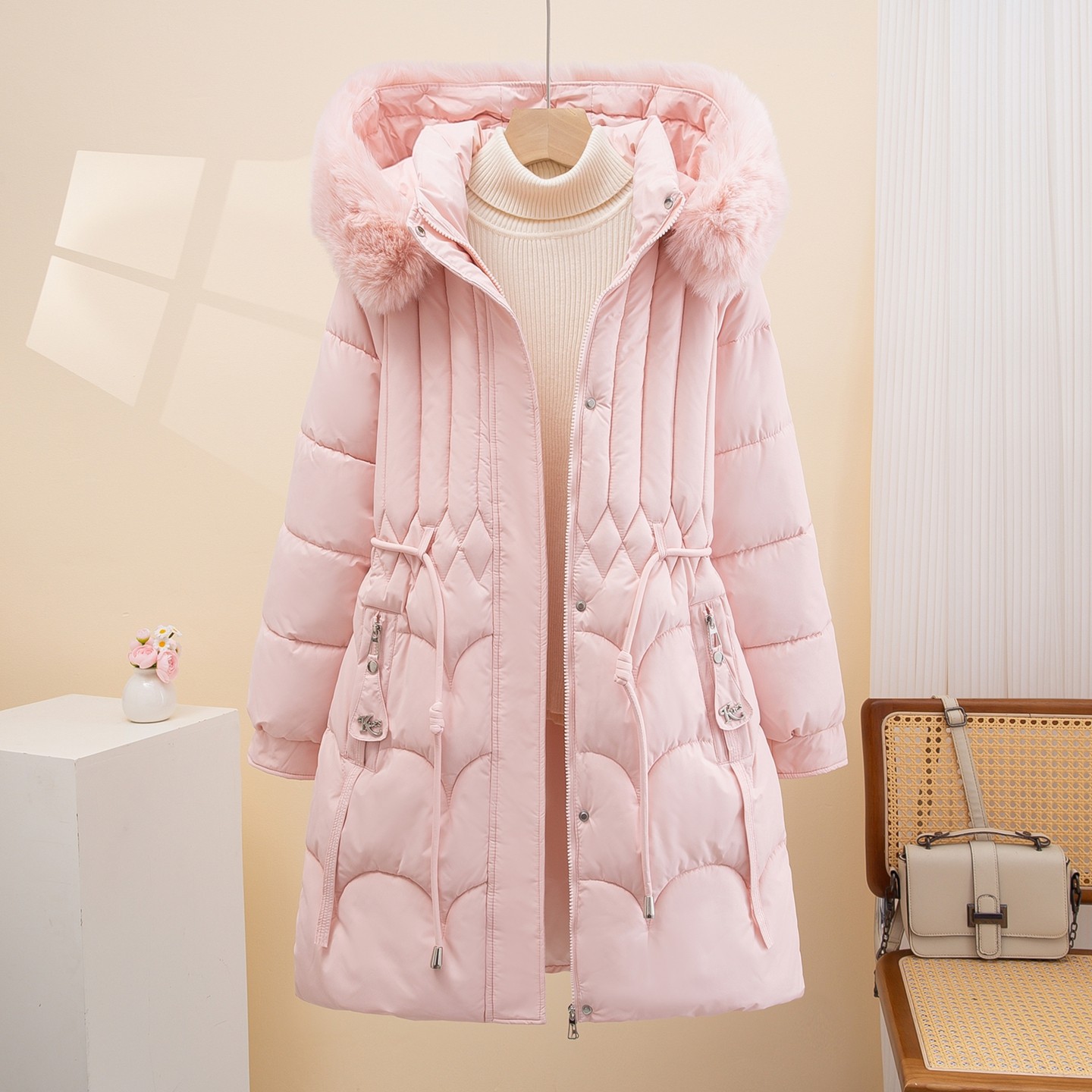 羽绒棉服女冬2025新款收腰大毛领派克棉衣外套加厚保暖中长款棉袄