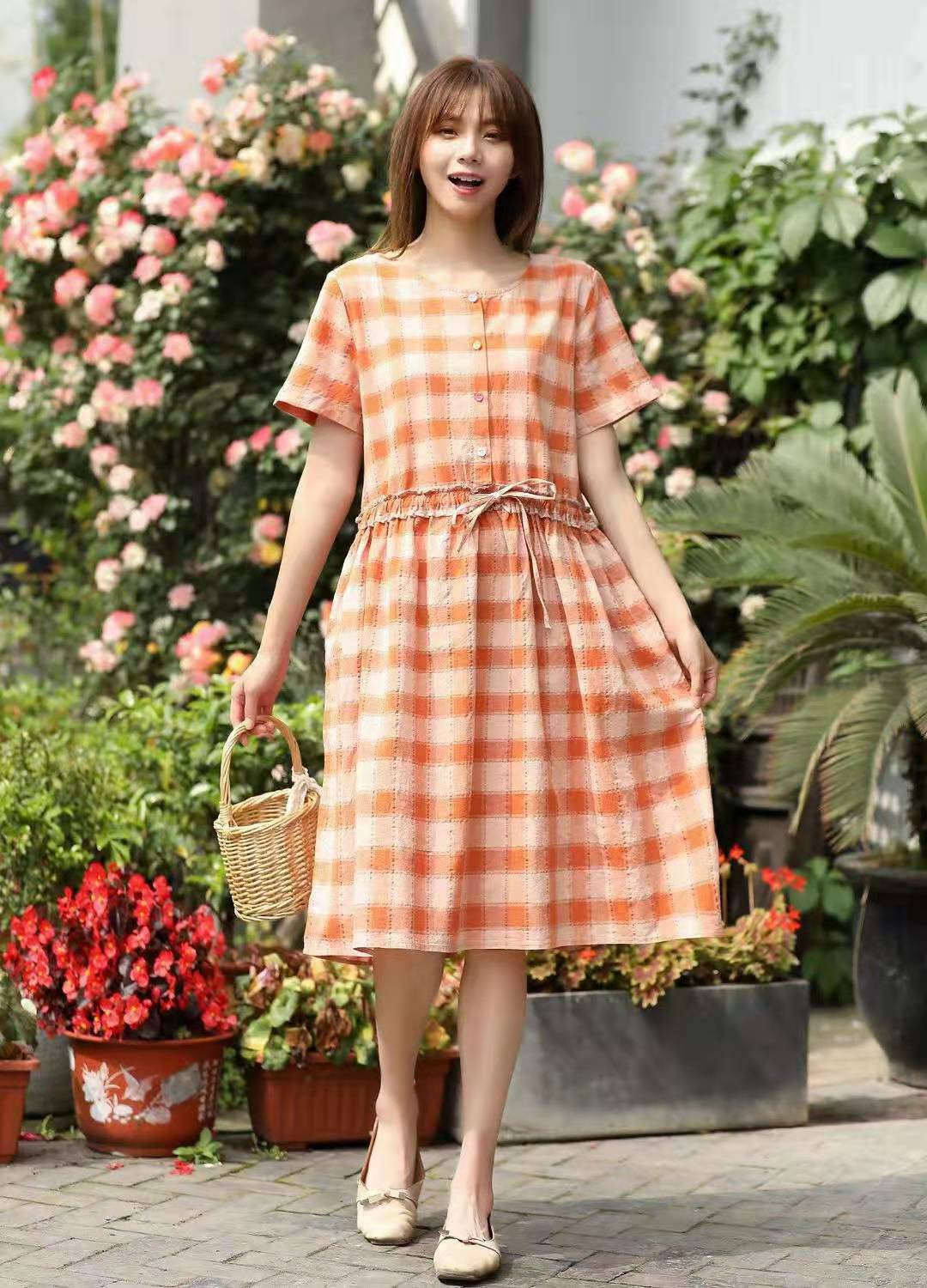 棉麻a字连衣裙夏森系格子彩色扣木耳边宽松显瘦甜美减龄清新裙子