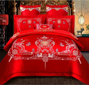 悠梦嘉居婚庆绣花四件套大红纯棉刺绣套件百子情缘200 008 230YJ9