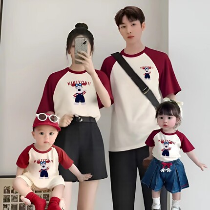 亲子装一家三口夏天小月龄婴儿百天2025新款母子母女短袖t恤宽松