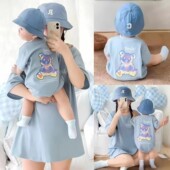 高端炸街2026亲子装 洋气小熊T恤 一家三口婴儿爬服母子母女中长款