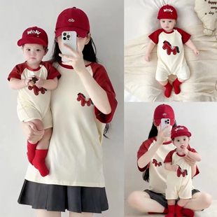 小月龄马年亲子装短袖插肩卫衣本命年一家三口婴儿宝宝母女装夏季