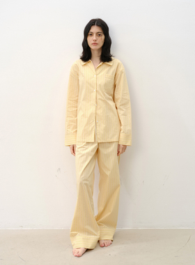 FORRETRO香草黄条纹纯棉睡衣长袖长裤春夏秋高级感男女家居服外穿