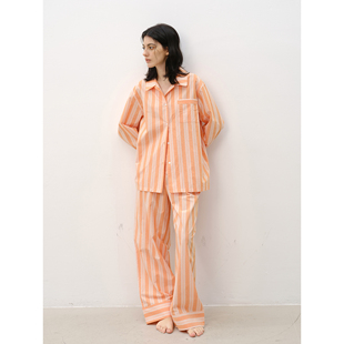 FORRETRO霞光橘条纹纯棉睡衣长袖 春夏秋高级感男女家居服外穿 长裤