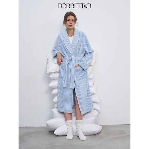 FORRETRO 24AW秋冬新品珊瑚绒休闲家居条纹睡袍男女同款 四色可选