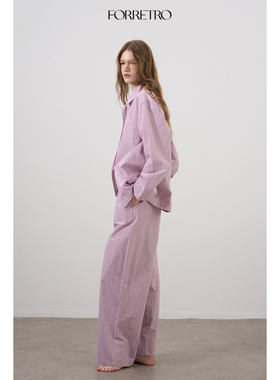 FORRETRO 24春夏北欧风极简条纹雾粉色短袖短裤全棉家居服可外穿