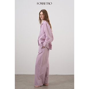 FORRETRO 全棉家居服可外穿 24春夏北欧风极简条纹雾粉色短袖 短裤