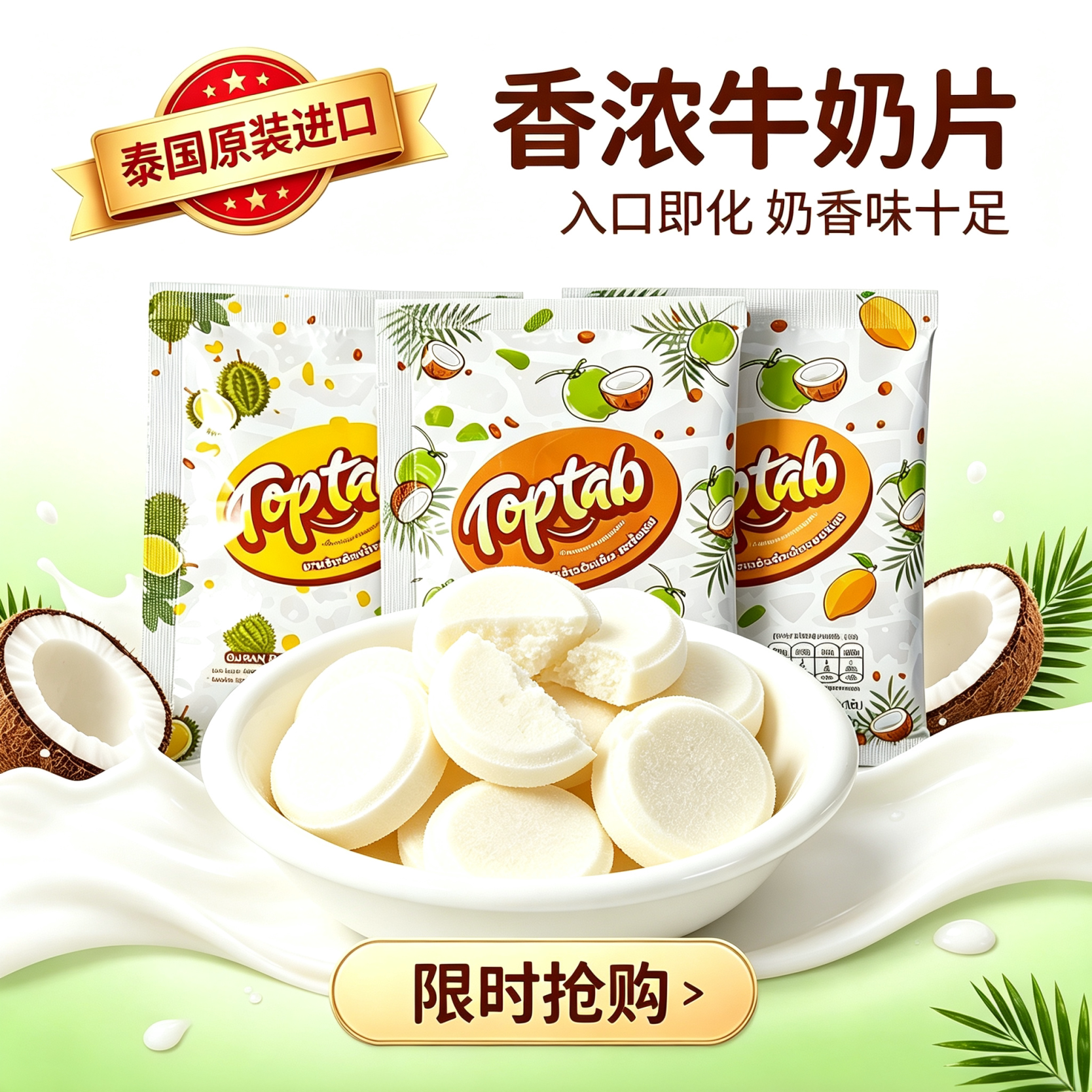 泰国进口Toptab牛奶片糖榴莲芒果皇家椰奶片儿童皇室椰子片糖零食