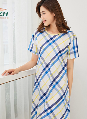 Tzh天竹品牌女睡衣家居连衣裙可外穿圆领优雅蓝色格子睡裙柔软