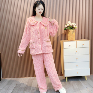 睡衣女款珊瑚绒冬季加绒加厚女士漂亮出门可外穿法兰绒大码居家服