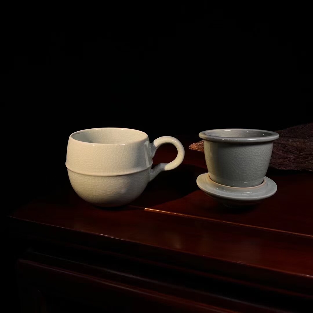 杨聚斌窑  汝窑开片汝瓷茶杯茶水分离泡爆款个人带过滤茶漏办公杯