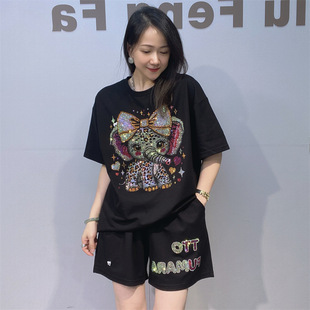 欧美女装烫钻时尚套装 短袖短裤女t恤夏季新款微胖女装两件套包邮