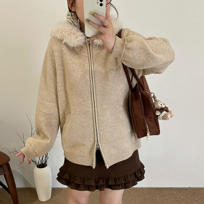 大码女装毛领连帽外套女毛衣2025冬款胖mm百搭宽松针织开衫23731