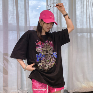 黑色短袖 时尚 欧美女装 女t恤夏季 潮牌烫钻纯棉上衣 宽松大版 中长款