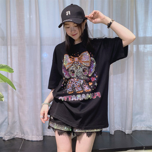 中长款 时尚 宽松大版 女 潮牌烫钻纯棉上衣 短袖 欧美镶钻女装 t恤夏季