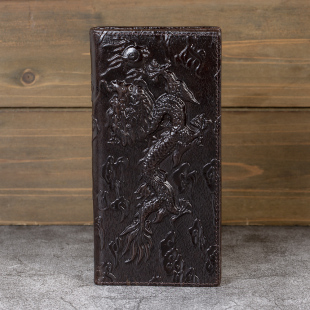 头层牛皮压花龙纹钱包男士 钱夹 油蜡皮皮夹真皮复古银包国风长款