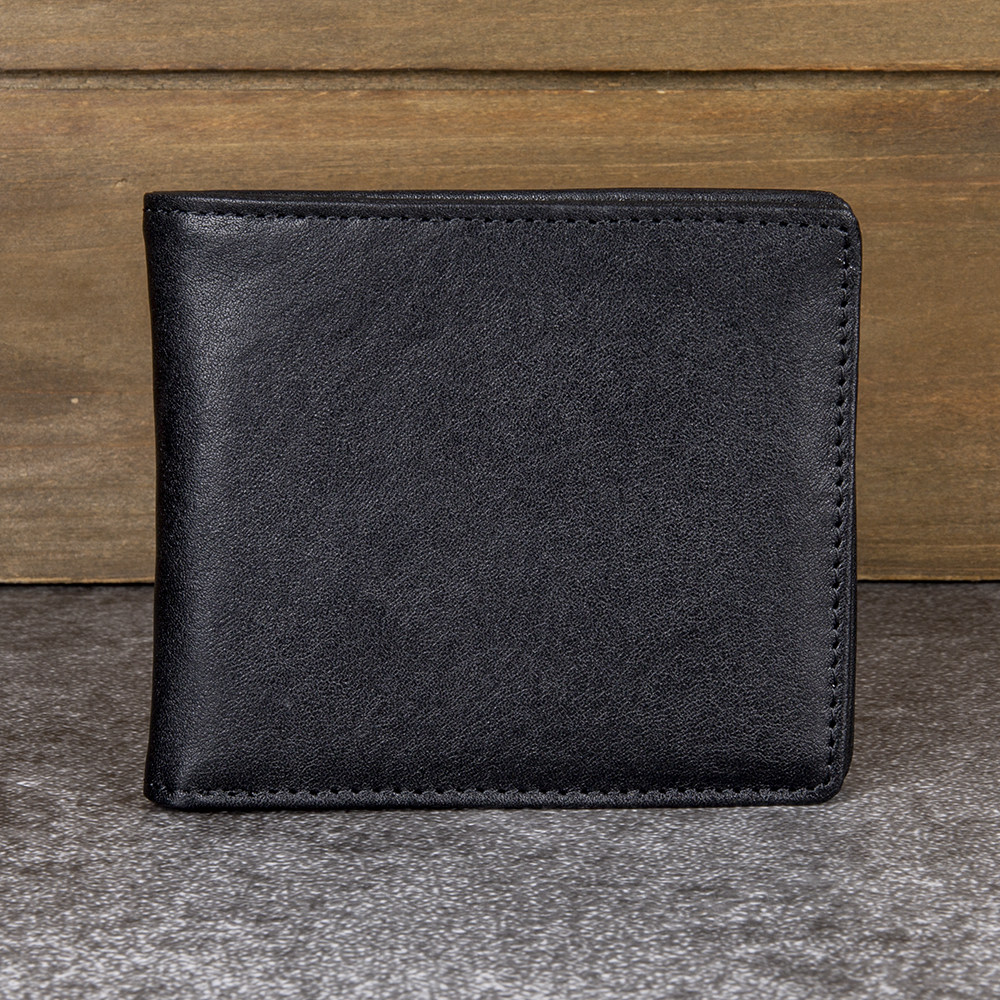真皮男士钱包黑色短款头层牛皮横款钱夹简约按扣皮夹植鞣皮卡包