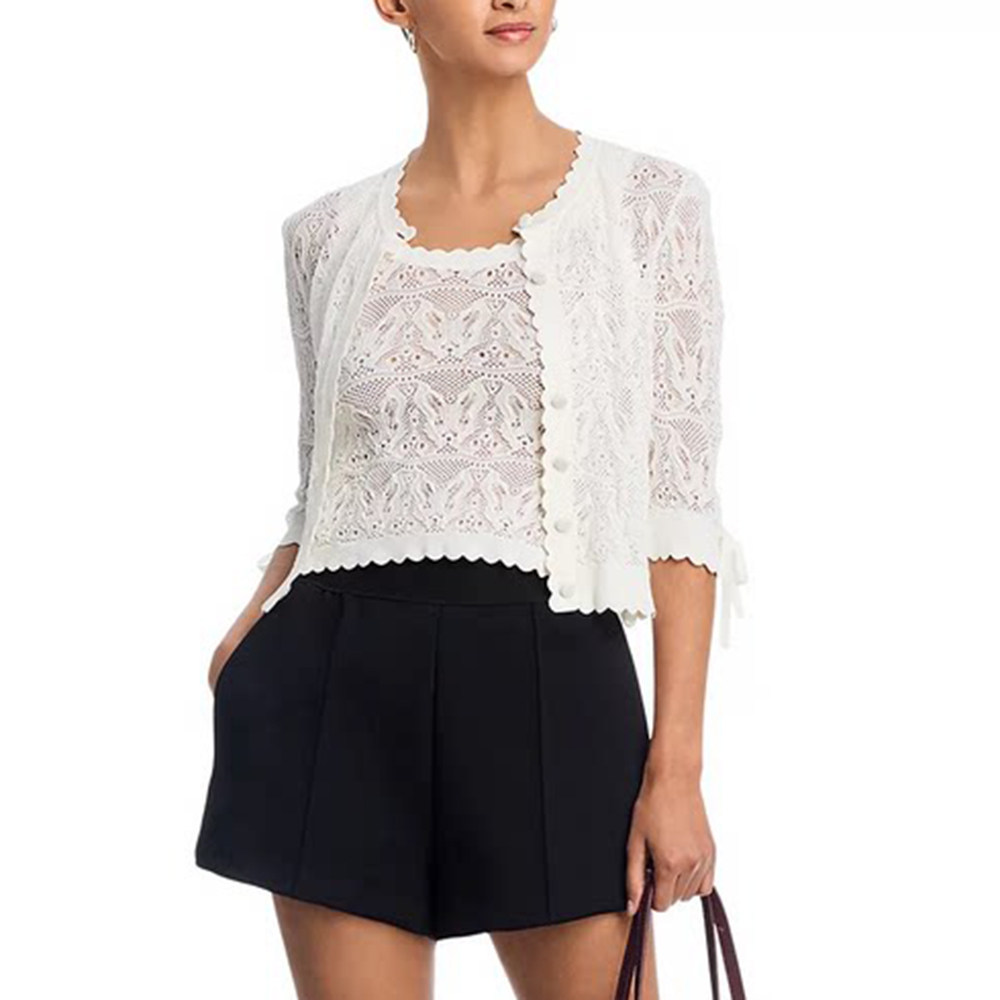 法式蕾丝镂空针织开衫女白色V领套头薄款外套