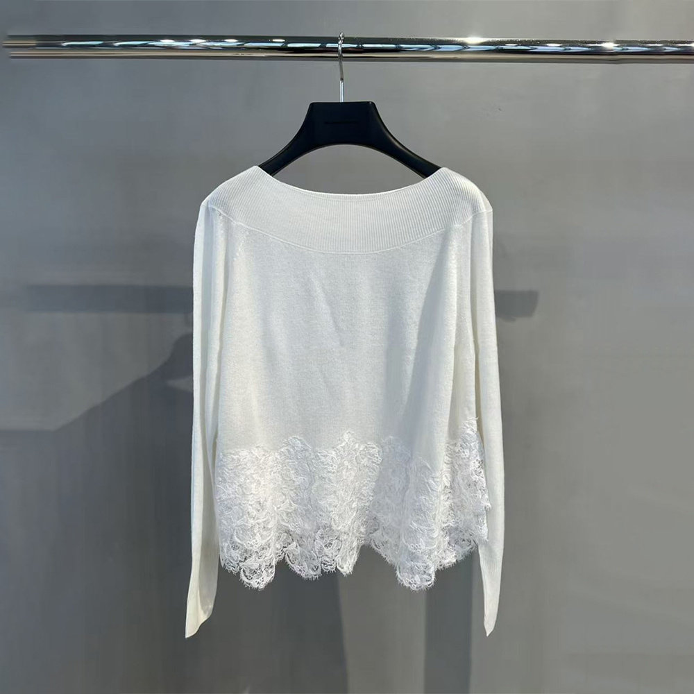 法式设计感蕾丝拼接白色针织衫女V领套头毛衣上衣