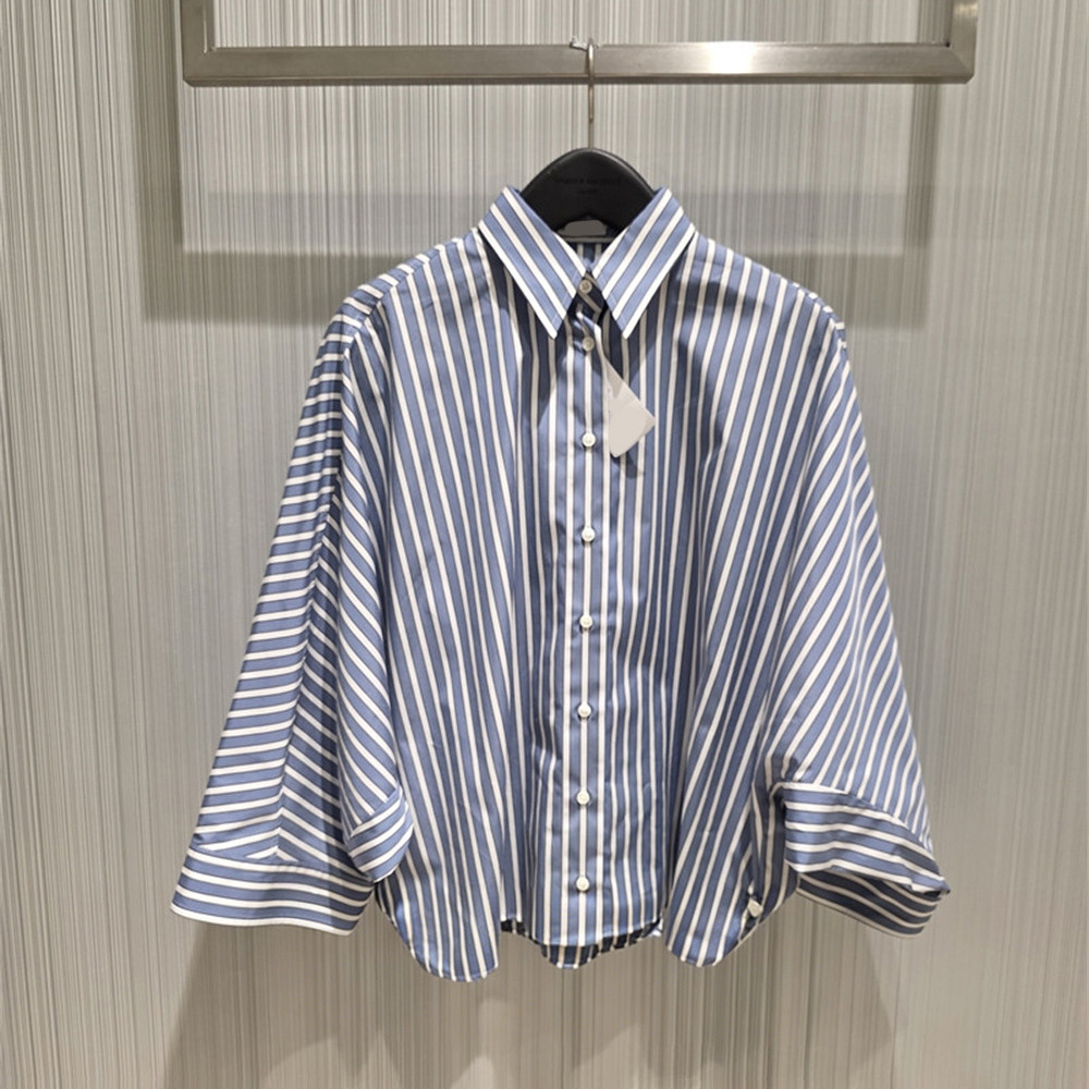 法式复古条纹衬衫女长袖宽松飞飞袖娃娃领系带显瘦上衣