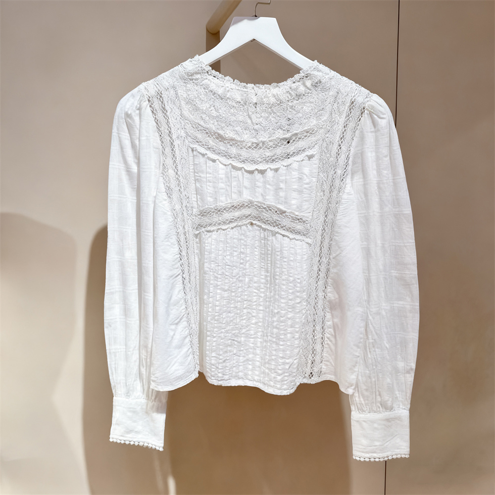 2025秋冬新款法式白色圆领蕾丝钩花长袖衬衫宽松拼接短款上衣女