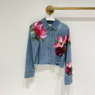 2026春夏新款法式复古花朵刺绣牛仔衬衫女宽松显瘦长袖短款上衣