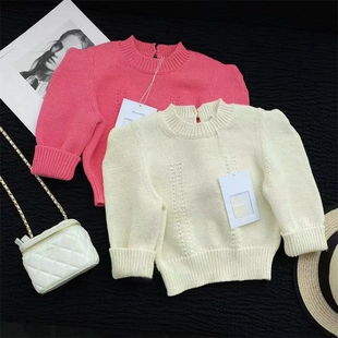 显瘦毛衣上衣套装 小香风针织衫 短款 新款 女法式 圆领泡泡袖 2023春季