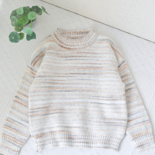 110-150男童宝宝渐变条纹圆领毛衣中大童秋冬柔软夹色毛绒针织衫
