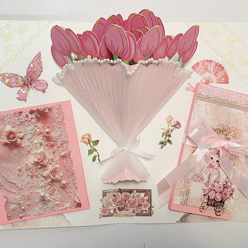 立体花束郁金香成品材料包 手工立体书风琴本机关diy生日礼物8K