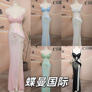 夜店酒吧KTV重工手工走秀演出服佳丽足浴显胸大透视性感晚礼服