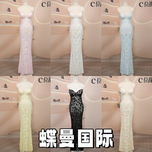 夜店酒吧KTV手工礼服蕾丝烫钻长裙白色无袖性感鱼尾连衣裙镂空