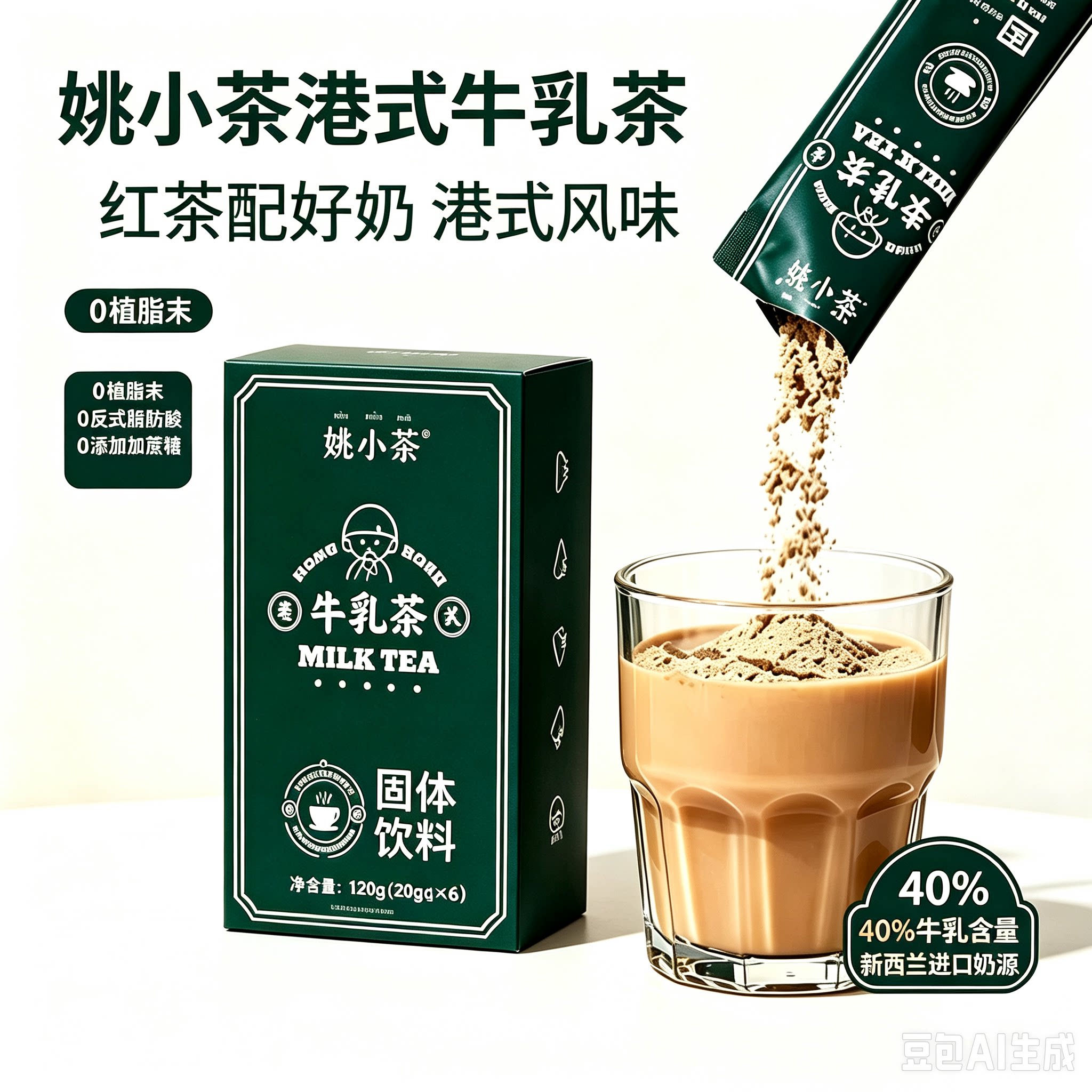 姚小茶港式牛乳茶0植脂末无蔗糖奶茶粉独立条装速溶冲饮饮料120g