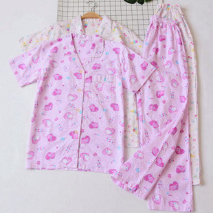 外贸日单亲肤纯棉粉嫩女士睡衣套装夏季薄款翻领凉快短袖家居服