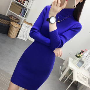 2022韩版针织衫女秋冬连衣裙中长款高领修身长袖毛衣打底裙包臀潮