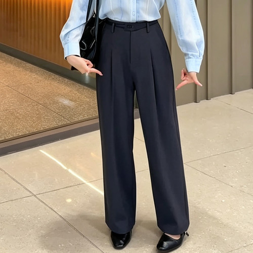 藏青色气质宽松百搭阔腿西装裤