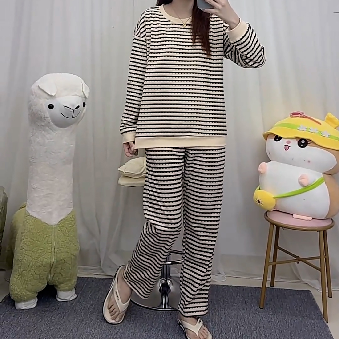 秋季新款带胸垫睡衣女纯棉甜美减龄透气韩版休闲可爱长袖家居套装
