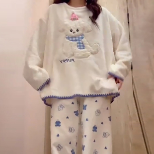 少女珊瑚绒睡衣女款秋冬季卡通可爱动物加绒加厚法兰绒家居服套装