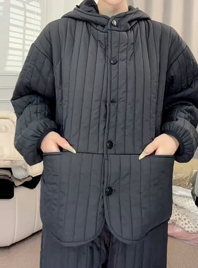 轻奢风竖纹连帽加绒加厚家居套装