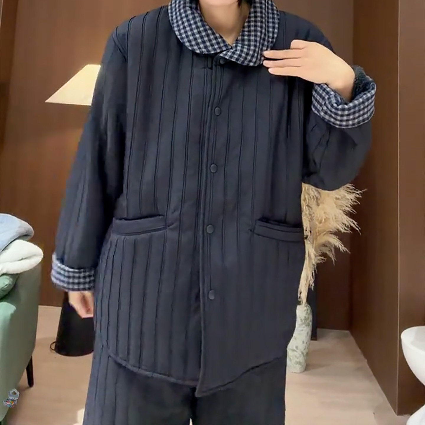 韩版小众复古翻领竖条纹睡衣套装女秋冬舒适宽松洋气夹棉家居服