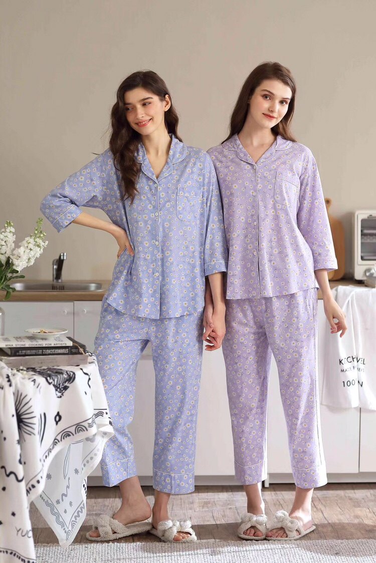 达尔丽春季新品开衫针织纯棉女士睡衣家居服8215118