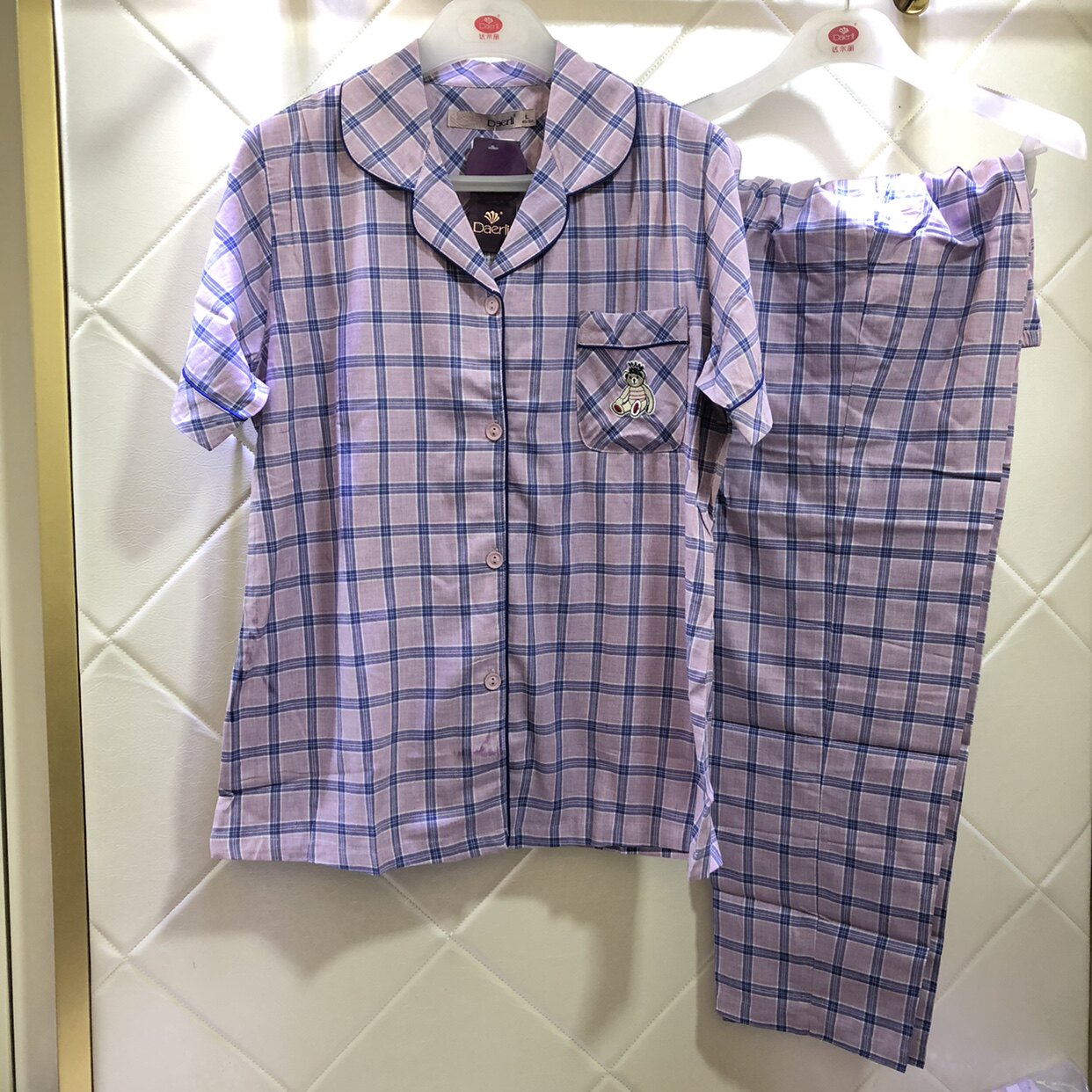 达尔丽新品夏款女士开衫格子梭织纯棉睡衣家居服