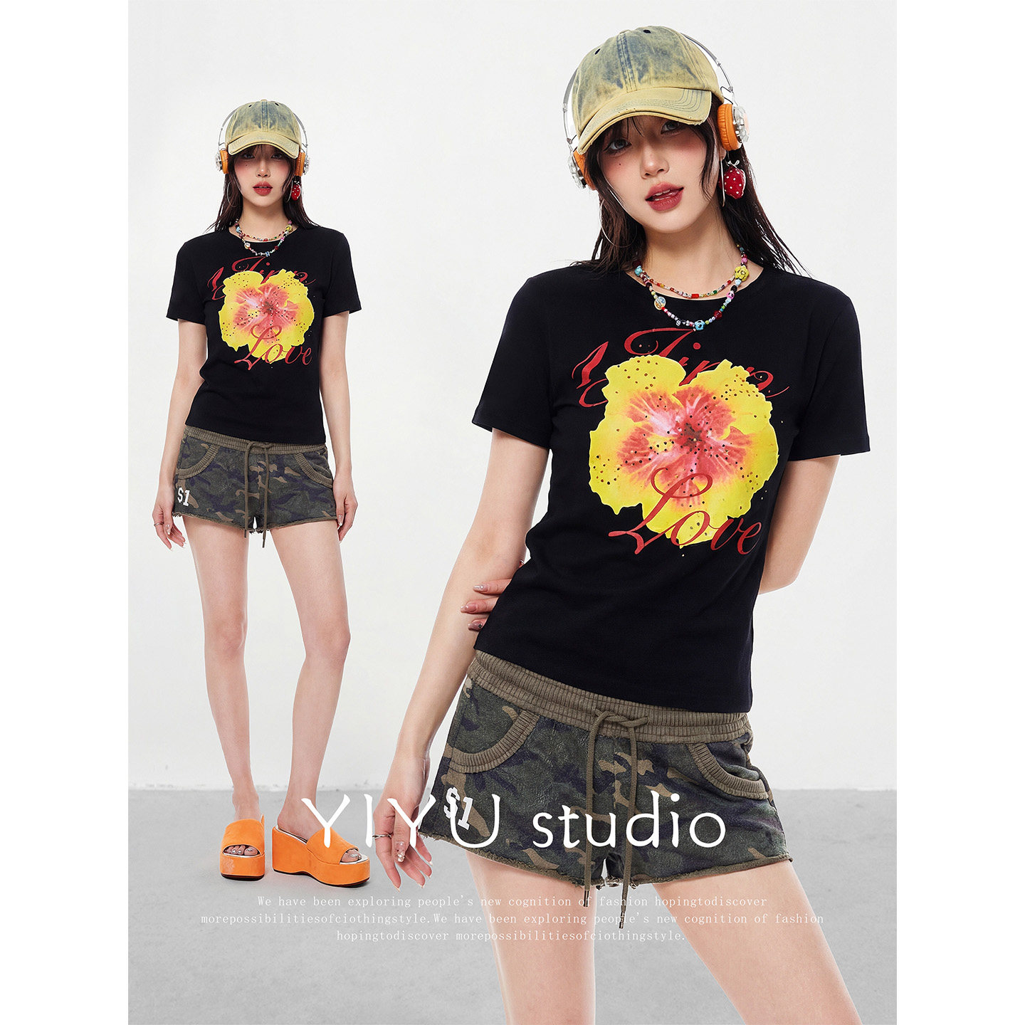 伊予YiYu美式穿搭印花圆领正肩辣妹短袖T恤低腰休闲迷彩短裤套装